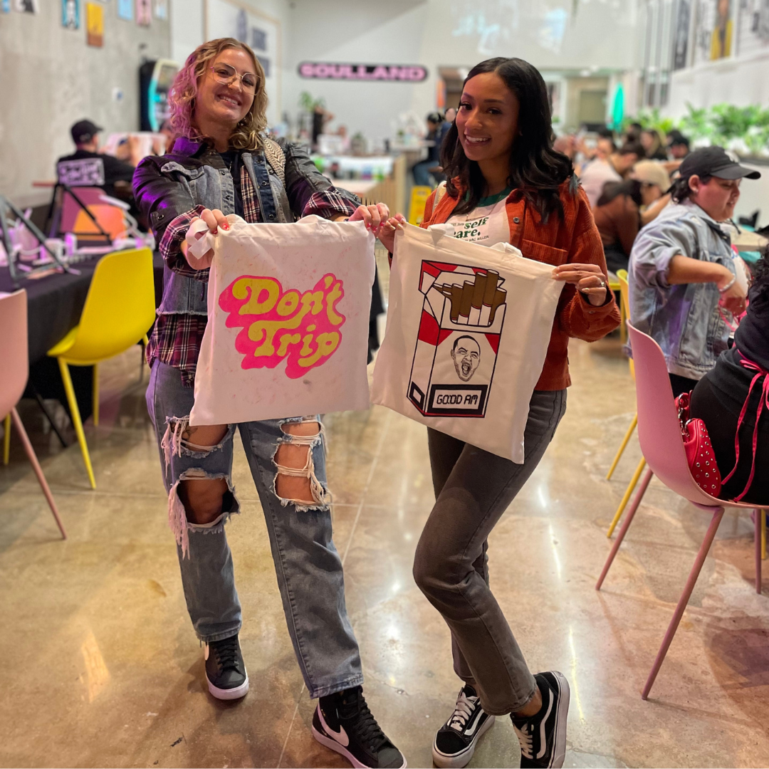 tote bags painted by students at soulland lab