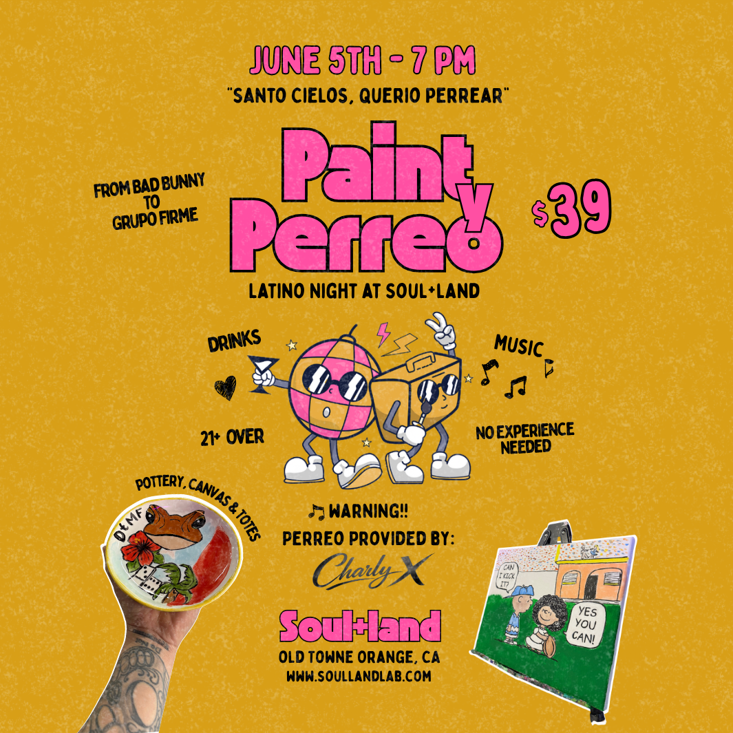 Promotional flyer for Paint y Perreo event with cartoon characters and event details on a yellow background.